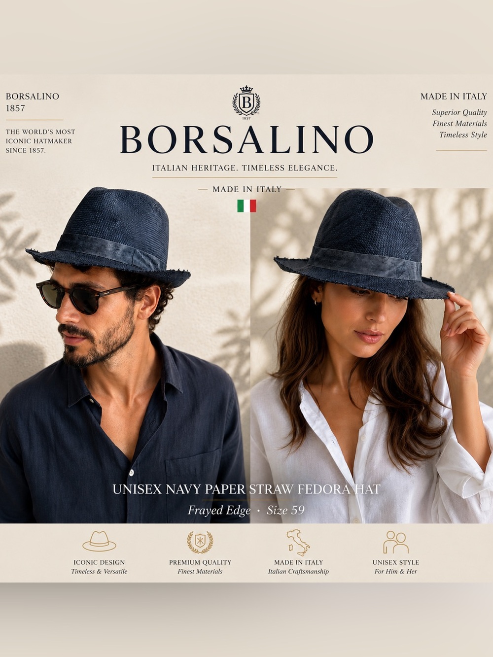 Borsalino Italy Unisex Navy Straw Fedora Hat Frayed Edge IT59 US 7 3/8 Large